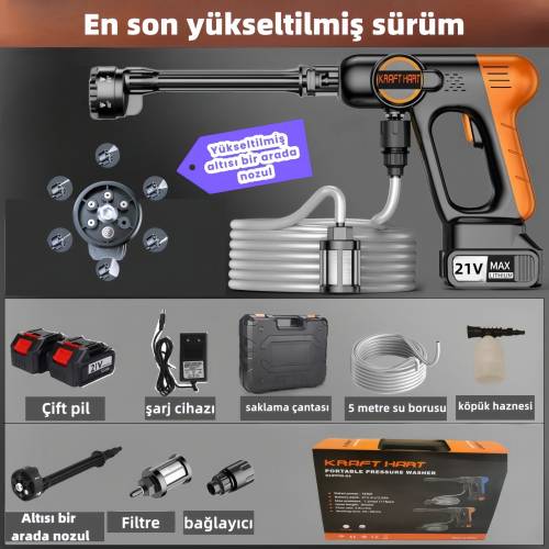 KRAFT HART Çift Akülü Şarjlı Yüksek Basınçlı Oto Araba Bahçe Yıkama ve Temizleme Tabancası Makinesi - 1
